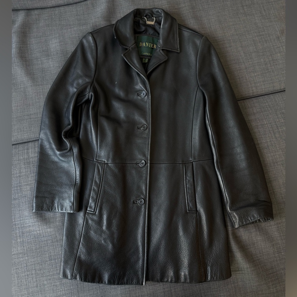 Danier Black Pebbled Leather Button-Front Coat